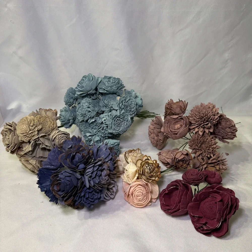 Sola Wood Flower Lot 64pc Assorted Colors Roses Zinnias DIY Wedding Craft Decor